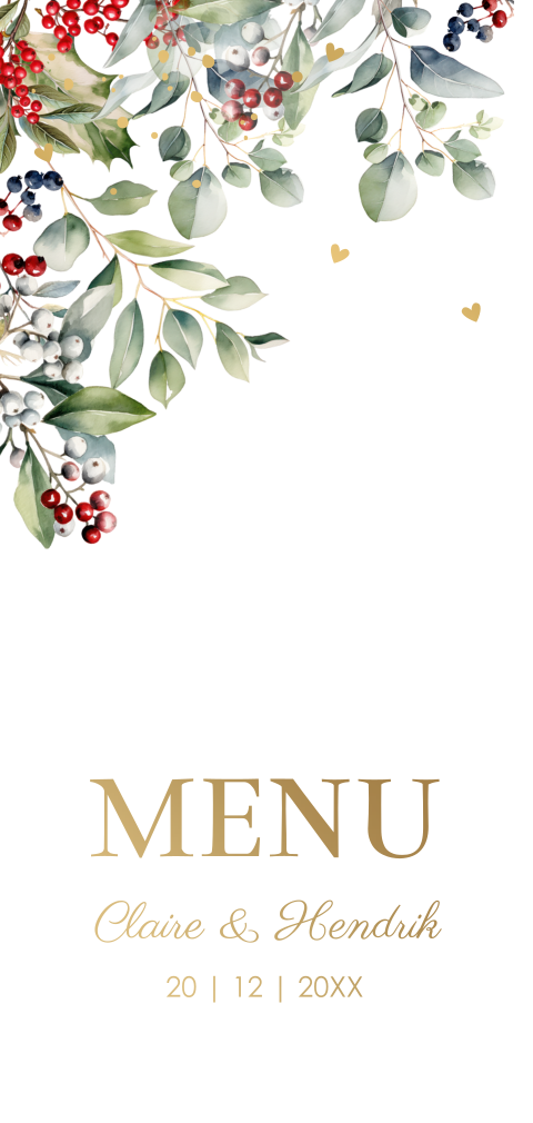 Menukaart langwerpig huwelijk kerst Red Berries Christmas goudfolie