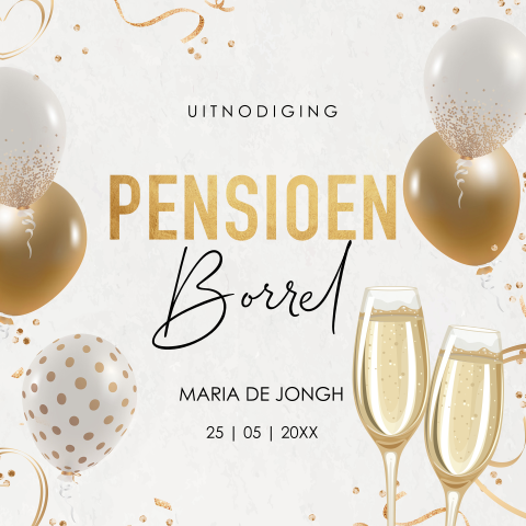 Pensioen uitnodiging feestelijk ballonnen wit goud confetti