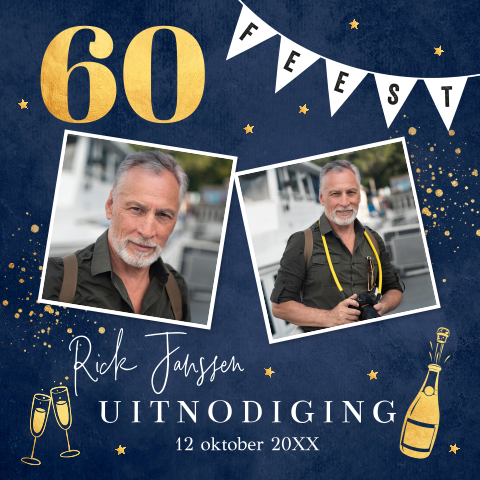 Uitnodiging verjaardag 60 jaar foto blauw man goud slinger feest