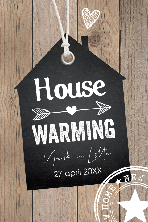Housewarming uitnodiging hout look zwart huisje