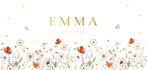 Geboortekaartje meisje bloemen watercolor goudfolie