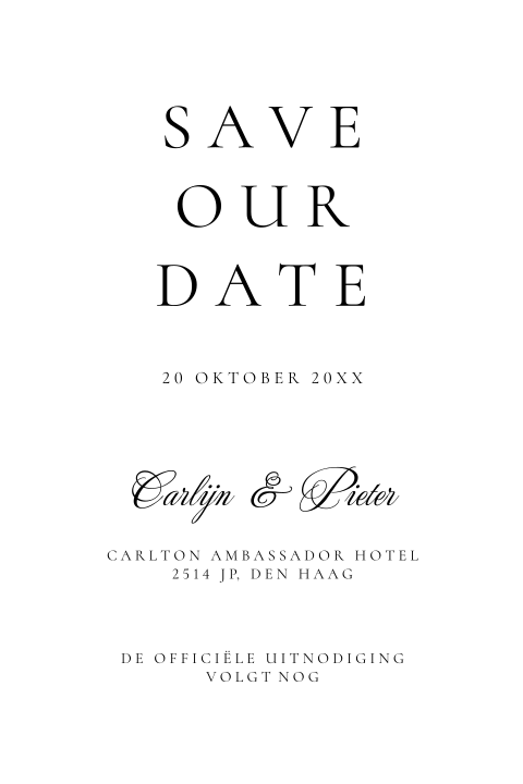 Klassieke Save the Date kaart wit met typografie