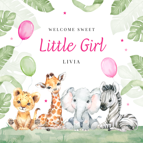 Felicitatie kaart geboorte dochter jungle dieren ballonnen
