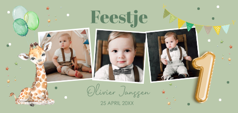 Uitnodiging kinderfeestje jongen 1 jaar fotocollage giraffe ballonnen