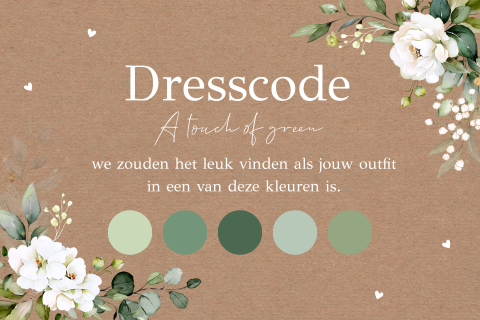 Dresscode kaartje huwelijk kraftlook witte bloemen kleurenpalet groen