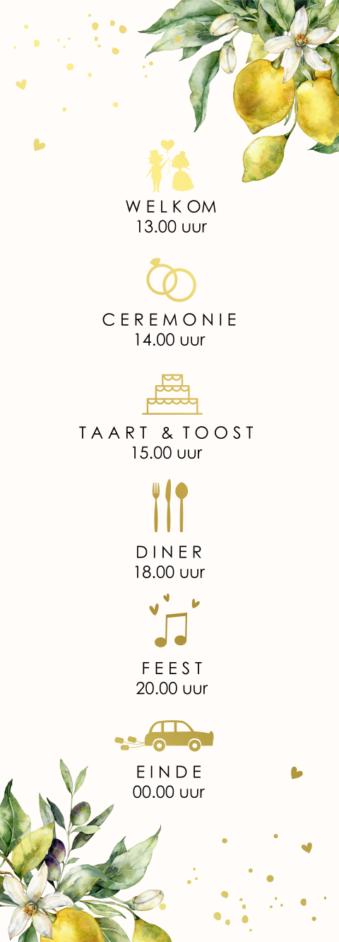Programmakaartje bruiloft citroenen goud symbolen (per 3 stuks)
