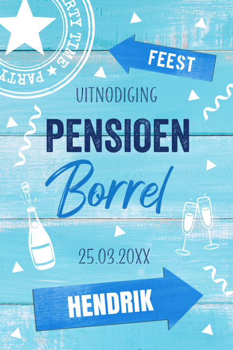 Pensioen uitnodiging borrel blauw houtlook feest