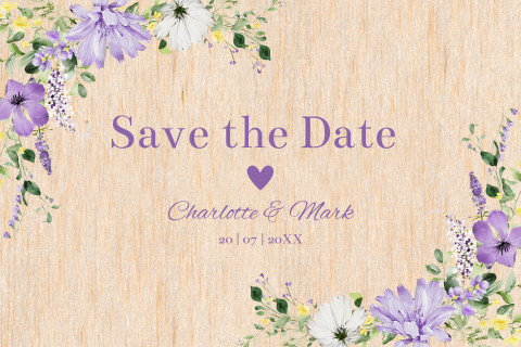 Save the Date kaart echt hout bloemen paars