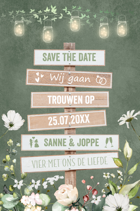 Save the Date kaart groen houten wegwijzer bloemen lampjes