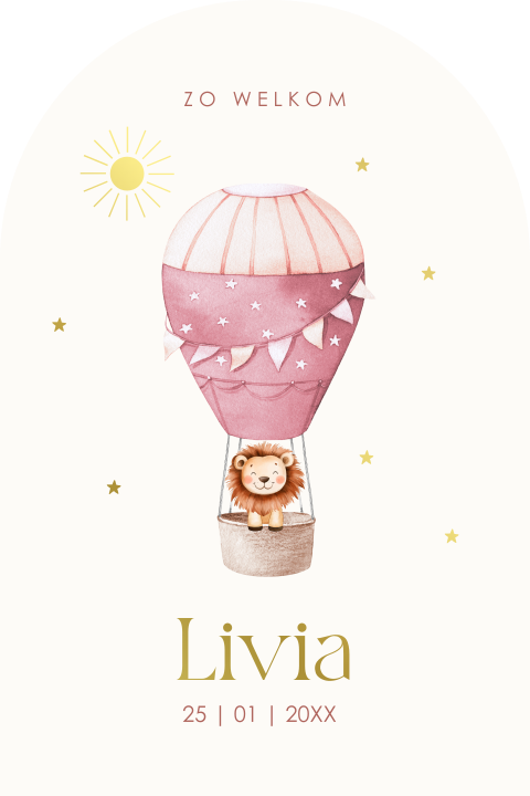 Geboortekaartje luchtballon roze leeuwtje goudfolie meisje