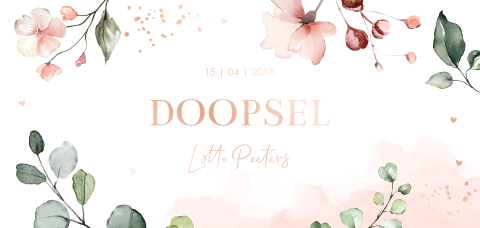 Doopkaart meisje bloemen roze watercolour bladeren rosegoudfolie