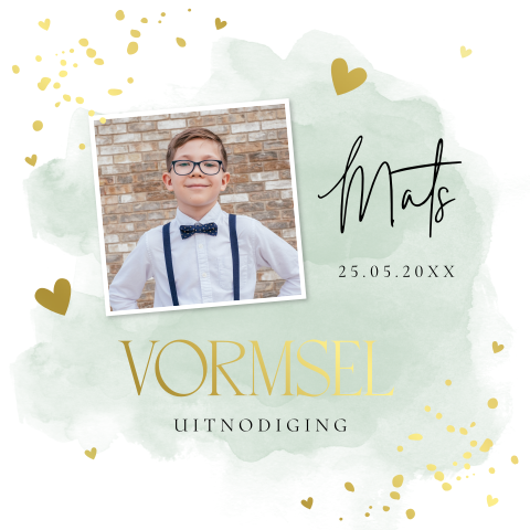 Vormsel uitnodiging jongen groen waterverf foto goudfolie