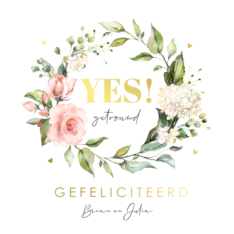 Felicitatie pas getrouwd bloemenkrans goudfolie