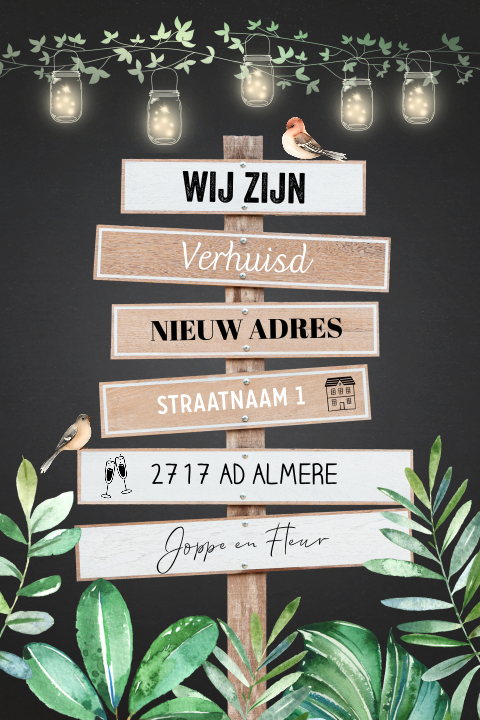 Verhuiskaart wegwijzer hout groene bladeren lampjes