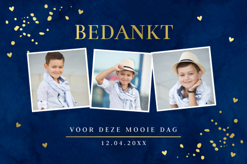 Bedankkaart communie blauw fotocollage jongen goudfolie