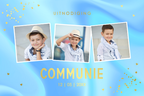 Communiekaart jongen fotocollage holografisch blauw goudfolie