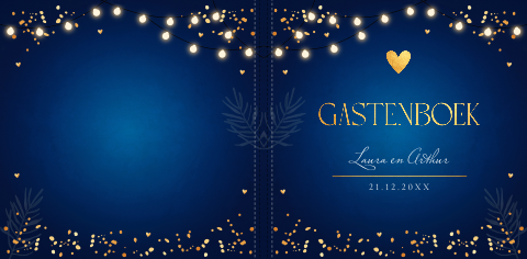 Gastenboek blauw kerst lampjes hartje goudlook