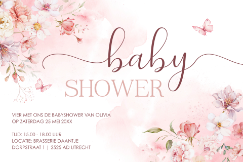 Babyshower uitnodiging waterverf bloemen roze