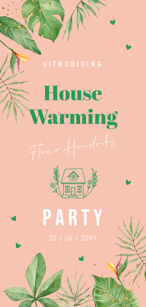 Housewarming uitnodiging roze tropisch zomers huisje