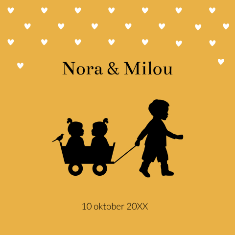 Geboortekaartje tweeling meisjes grote broer silhouet geel