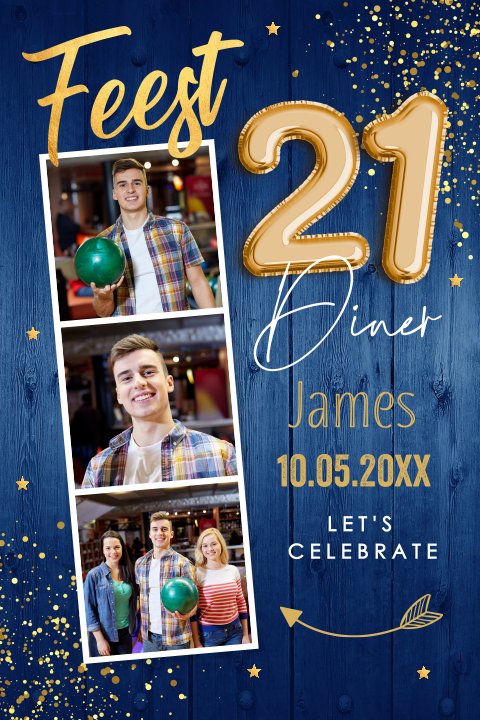 Uitnodiging 21 diner party fotocollage blauw man goudlook