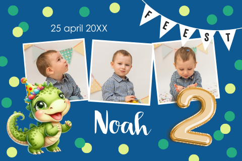 Uitnodiging kinderfeestje jongen 2 jaar foto dino confetti