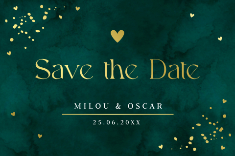 Save the Date kaart donkergroen hartjes goudfolie