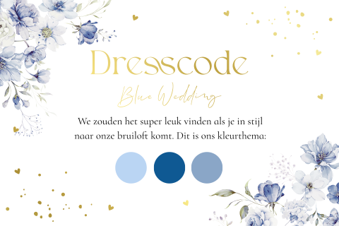 Dresscode kaartje blue wedding kleurenpalet goudfolie