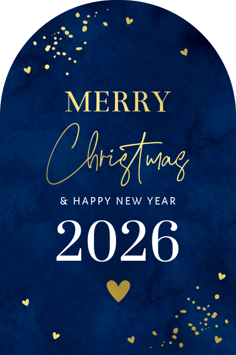 Moderne kerstkaart blauw originele vorm boog goudfolie