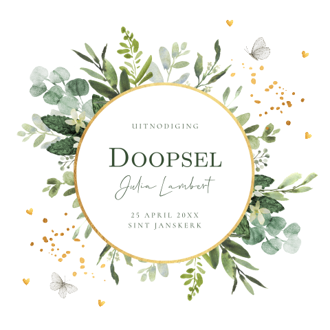 Doopkaart botanisch bladeren groen goudlook