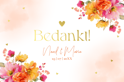 Bedankkaart felgekleurde bloemen pink orange goudfolie