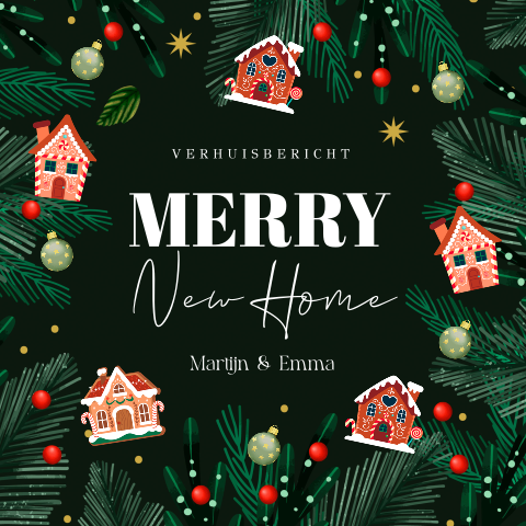 Kerst verhuiskaart kersttakjes en huisjes