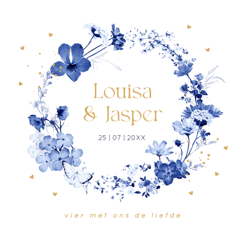 Tegeltje bruiloft bloemenkrans blauw