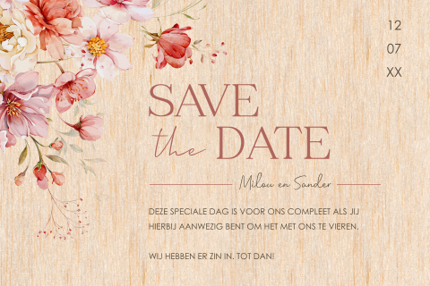 Save the Date kaart echt hout bloemen roze