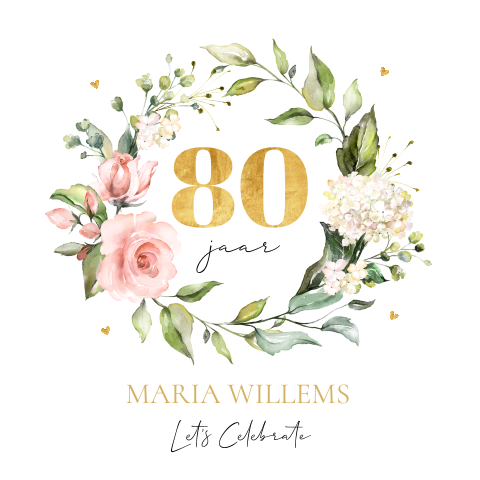 Uitnodiging verjaardag vrouw 80 jaar bloemen krans goud look