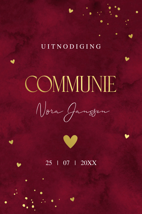 Communiekaart rood meisje hartjes goudfolie