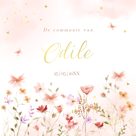 Communie uitnodiging meisje veld bloemen roze waterverf goudfolie