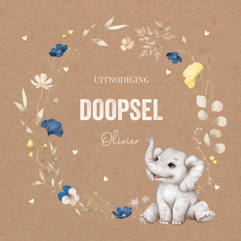 Doop uitnodiging jongen lief olifantje blauw