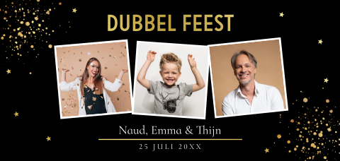 Verjaardag uitnodiging zwart fotocollage goudfolie
