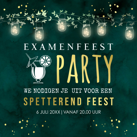 Uitnodiging examenfeest groen lampjes goudfolie