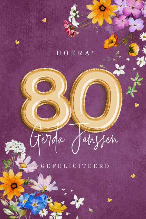 Verjaardagskaart 80 jaar ballonnen bloemen paars