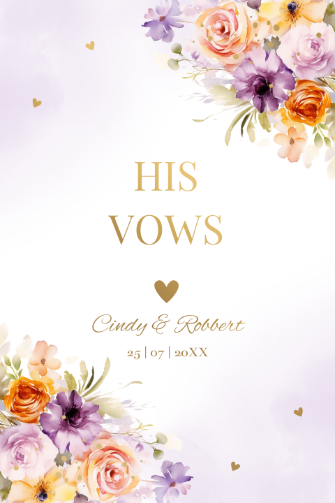 Geloftenkaart wit paars bloemen foliedruk his vows