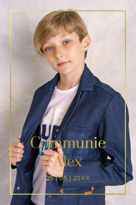 Communie uitnodiging jongen eigen foto rechthoekig goudfolie