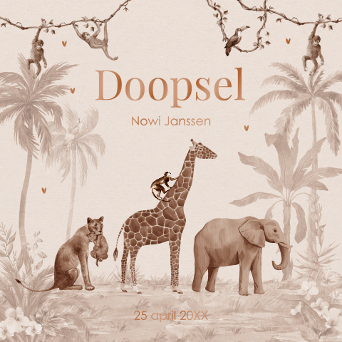 Doop uitnodiging safari dieren beige hoogglans