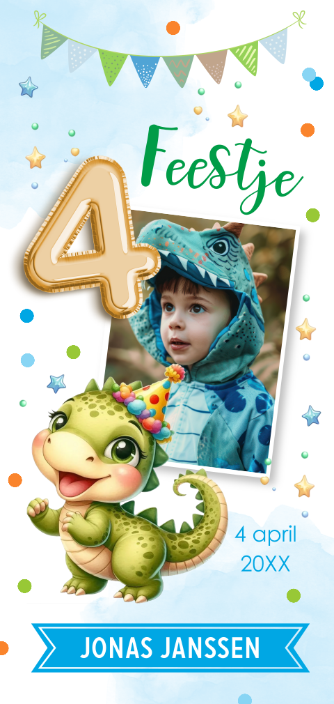 Uitnodiging kinderfeestje jongen dino foto confetti 4 jaar