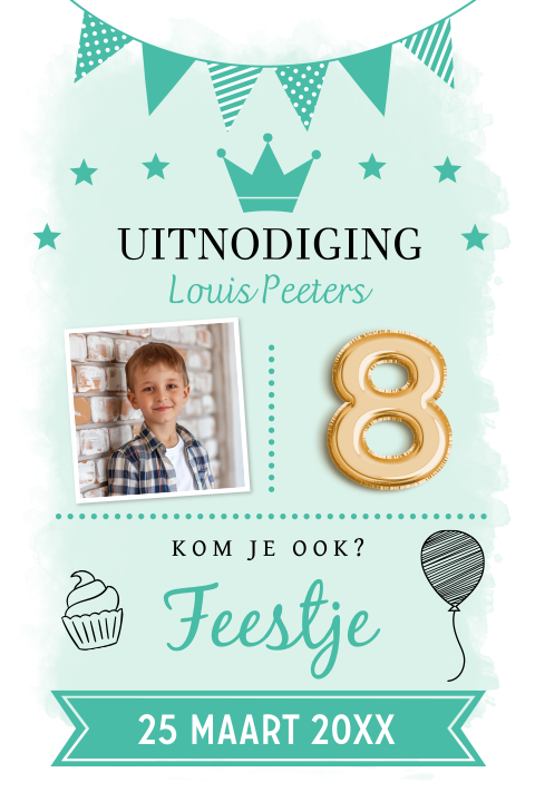 Uitnodiging kinderfeestje jongen mintgroen 8 jaar slinger typografie
