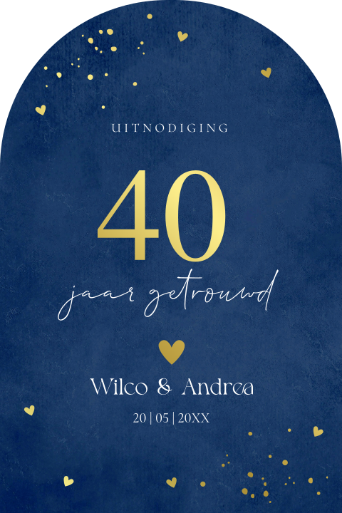 Jubileumkaart uitnodiging 40 jaar getrouwd blauw boog goudfolie