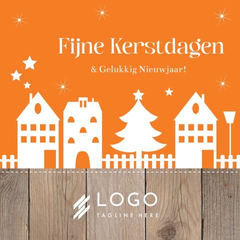 Zakelijke kerstkaart huisjes oranje houtlook