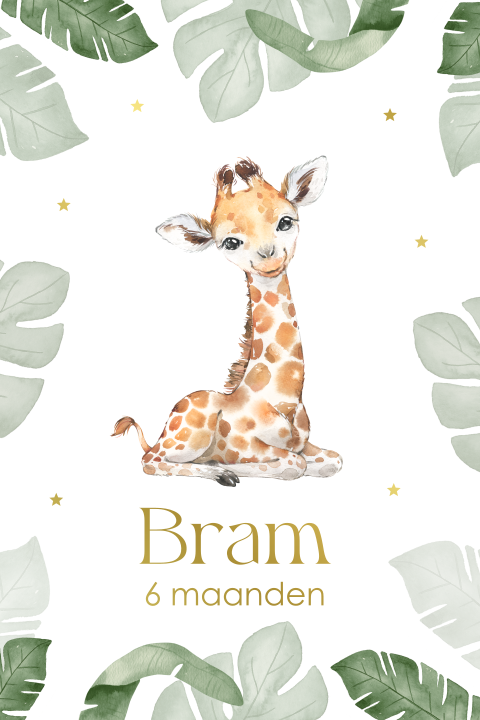 Mijlpaalkaart baby eerste jaar jungle giraffe bladeren goudfolie