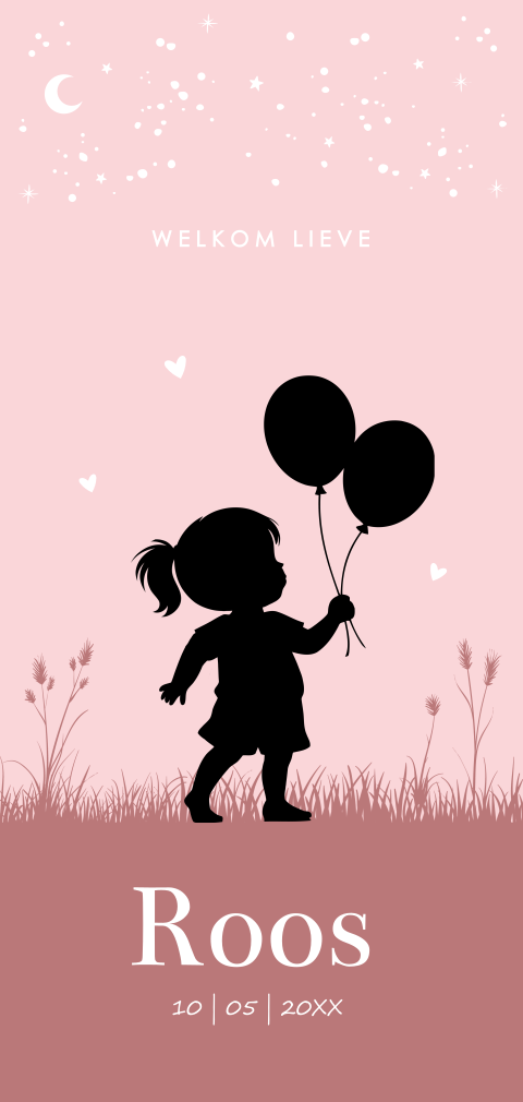 Geboortekaartje meisje silhouet ballonnen sterren roze